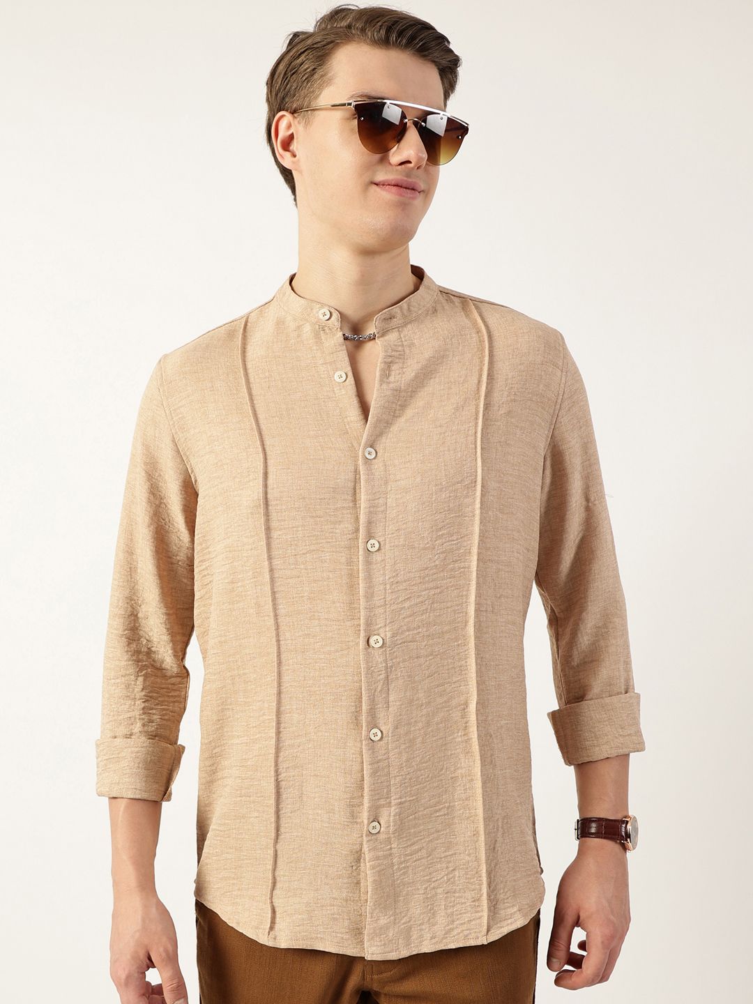 Thomas Scott Men Premium Mandarin Collar Textured Solid Slim Fit Casual Shirt