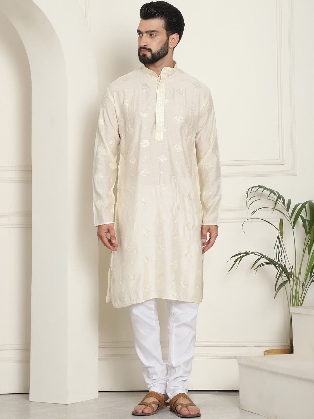 SOJANYA Kurta Lurus Sutera Kapas Sulam Geometrik Dengan Churidar
