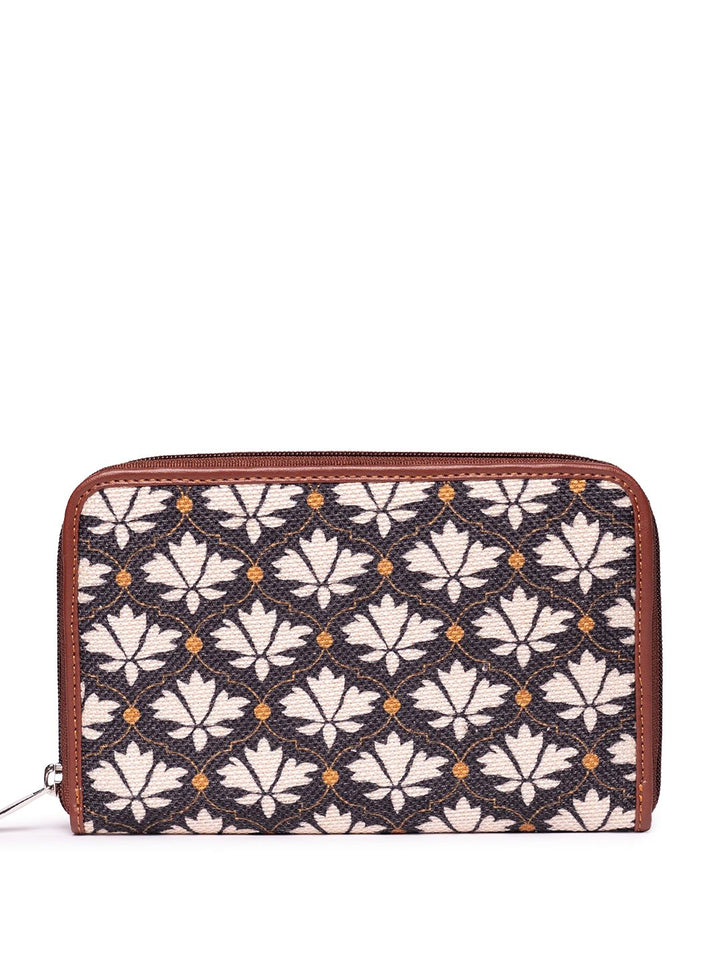 ZOUK Women White & Black Floral Printed Zip Around Wallet