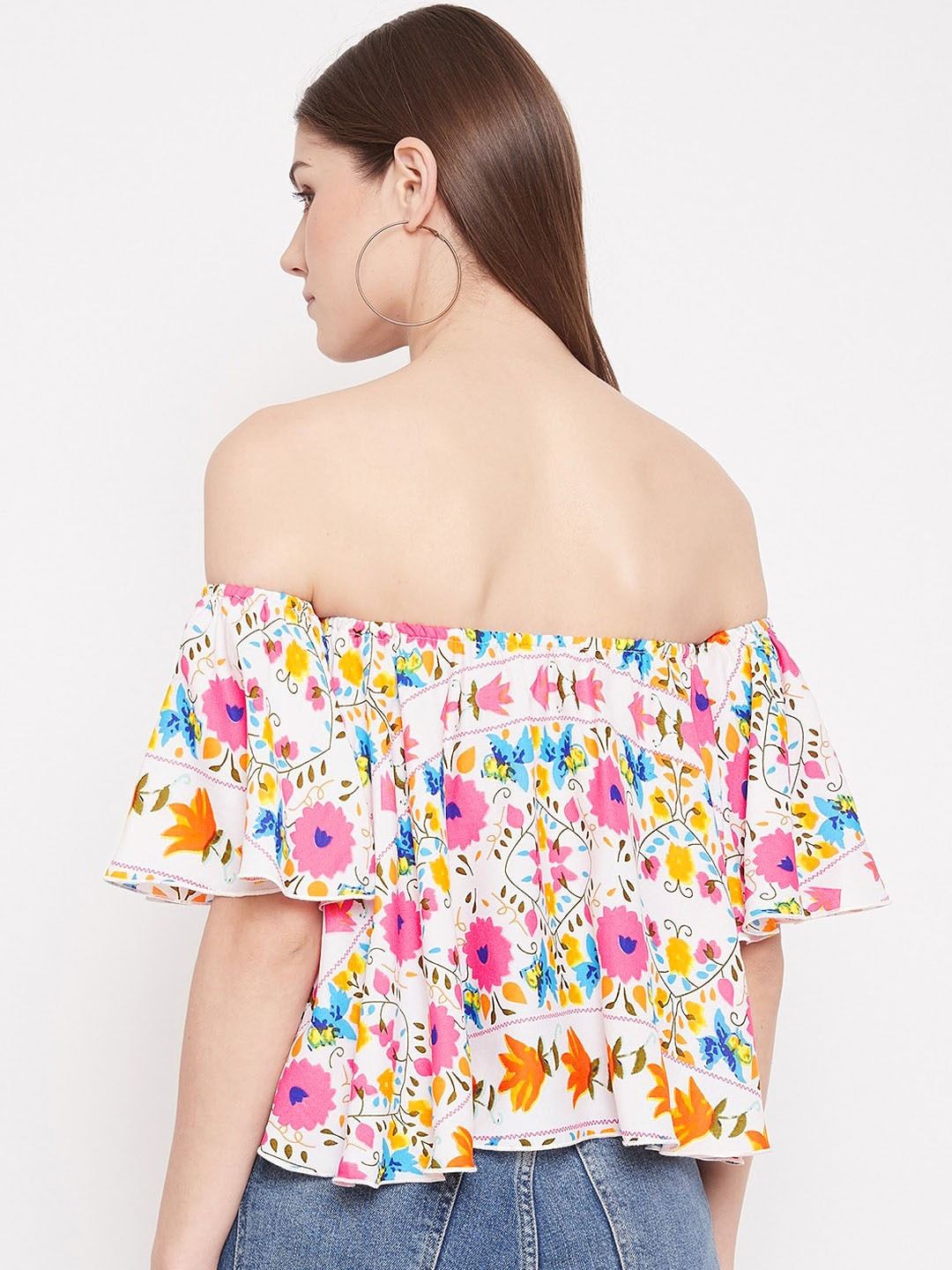 Berrylush White & Pink Floral Off-Shoulder Crepe Bardot Crop Top