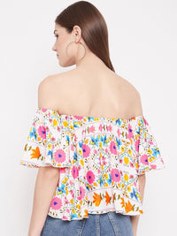 Berrylush White & Pink Floral Off-Shoulder Crepe Bardot Crop Top