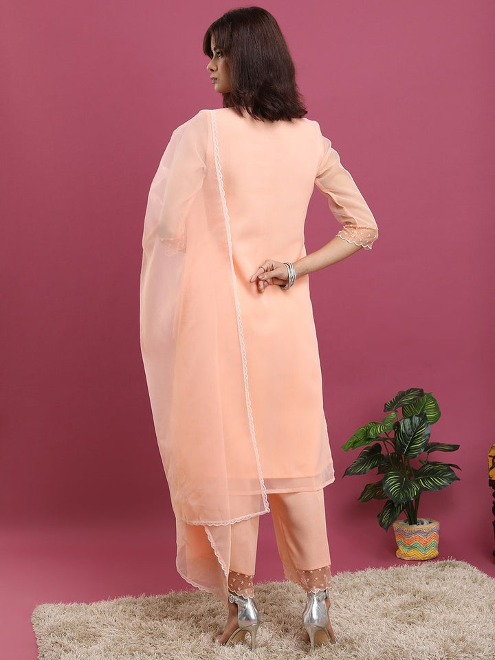 Vishudh Peach-Coloured Ethnic Motifs Yoke Design Thread Work Kurta With Palazzos & Dupatta