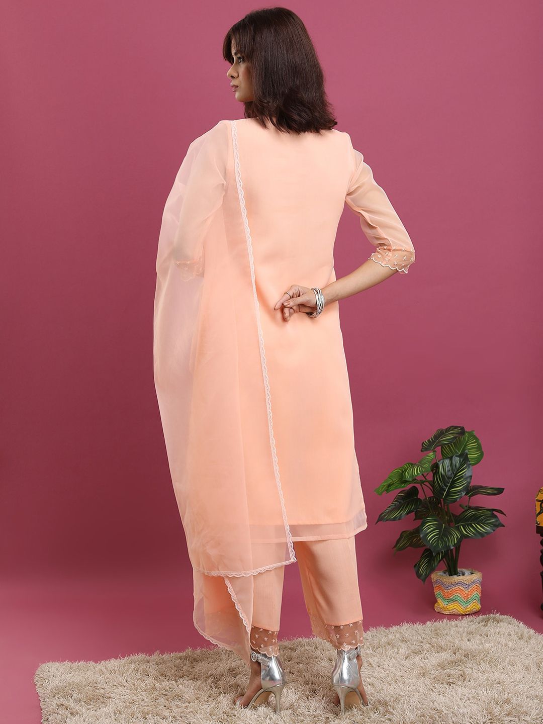 Vishudh Peach-Coloured Ethnic Motifs Yoke Design Thread Work Kurta With Palazzos & Dupatta