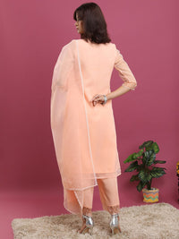 Vishudh Peach-Coloured Ethnic Motifs Yoke Design Thread Work Kurta With Palazzos & Dupatta
