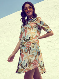 Athena Green & Brown Floral Printed Cotton Linen Dress