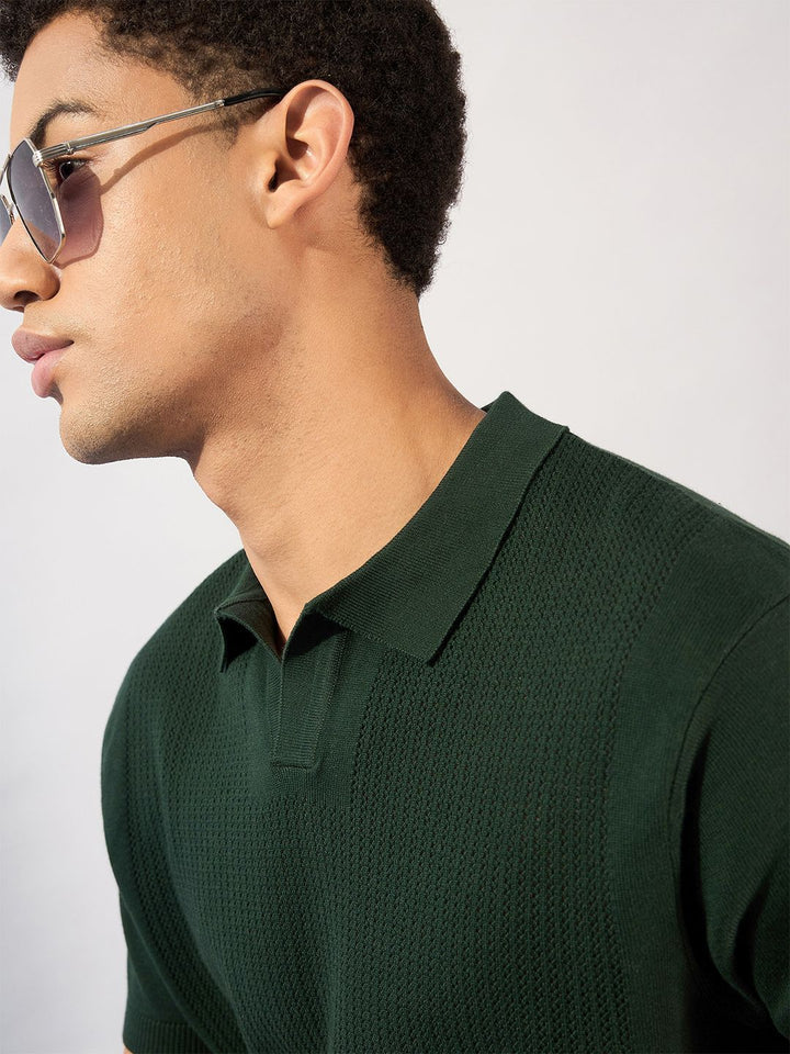 DENNISON Men Textured Polo Collar Knitted T-Shirt