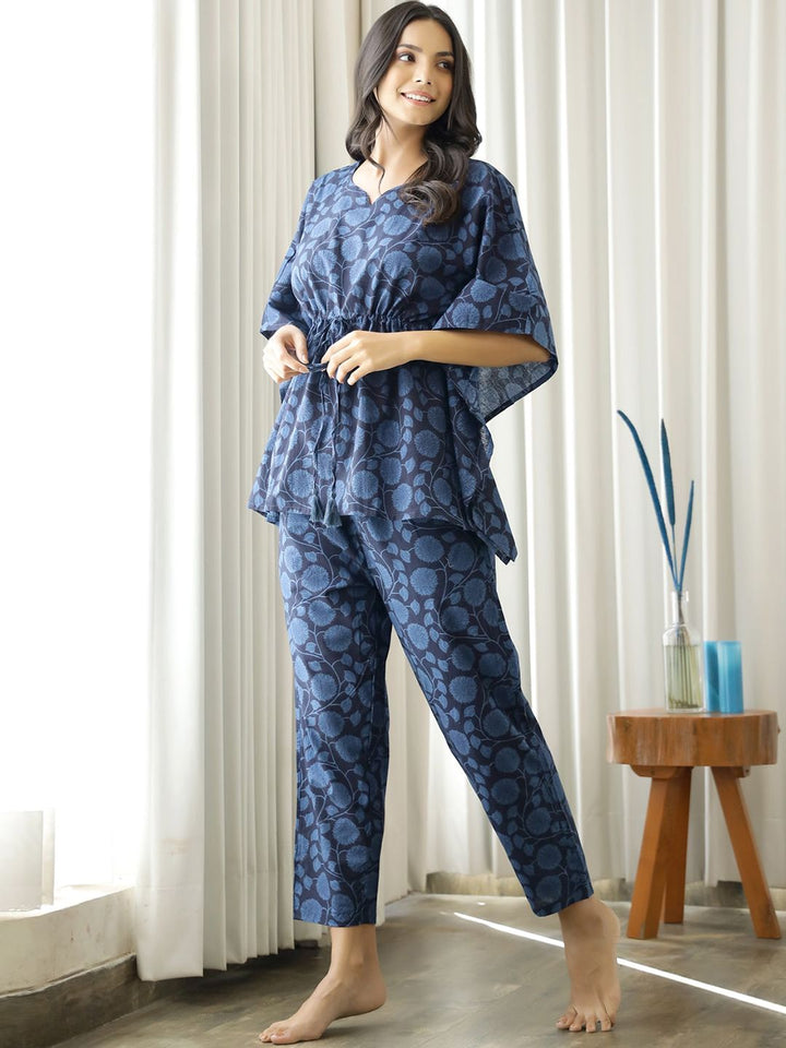 SANSKRUTIHOMES Women Navy Blue Printed Pure Cotton Night suit