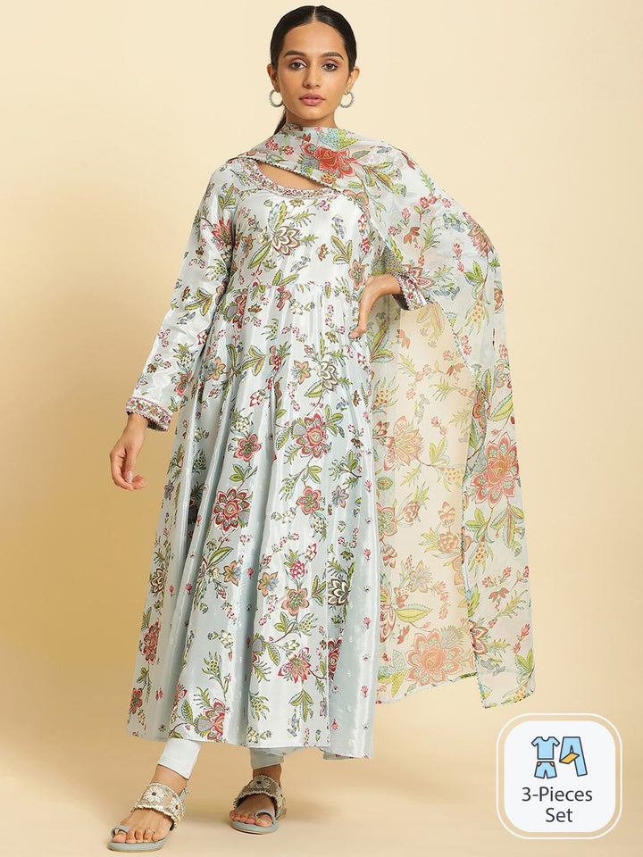 W Floral Printed Anarkali Kurta With Leggings & Dupatta