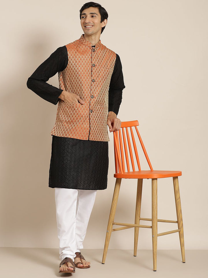 SOJANYA Men Black Ethnic Motifs Chikankari Pure Cotton Kurta with Churidar & Nehru Jacket