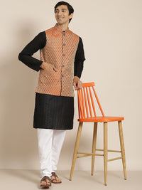 SOJANYA Men Black Ethnic Motifs Chikankari Pure Cotton Kurta with Churidar & Nehru Jacket