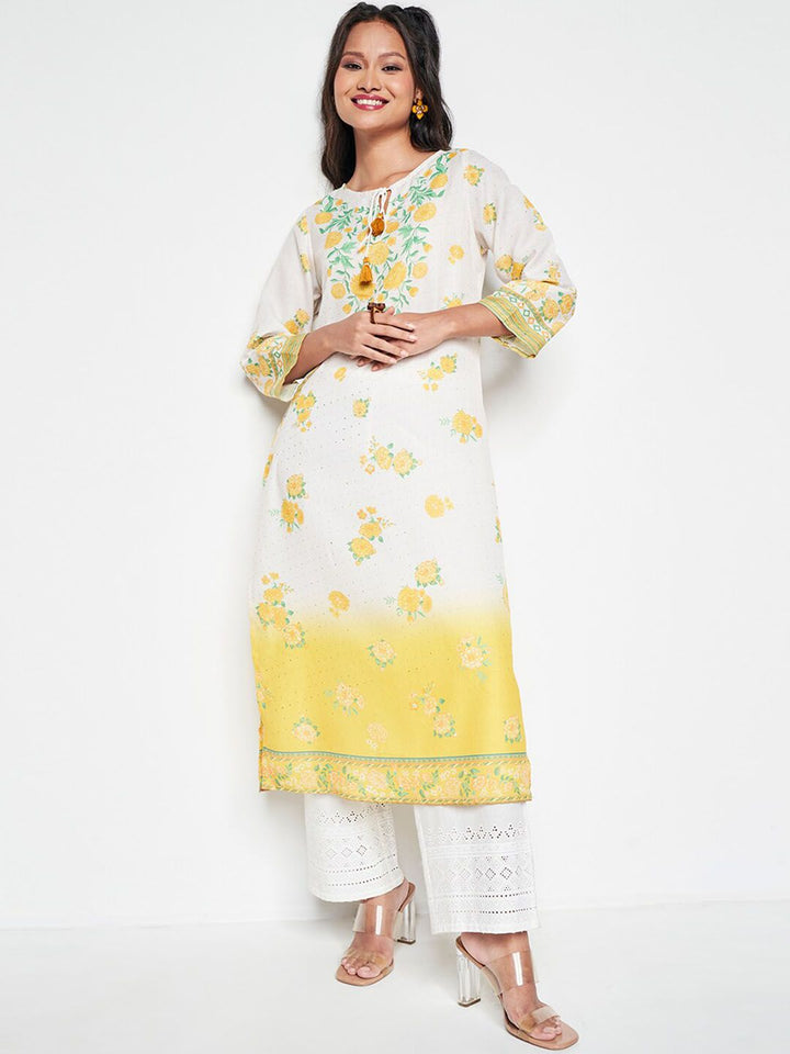 Global Desi Ethnic Motifs Printed Tie-Up Neck Straight Kurta