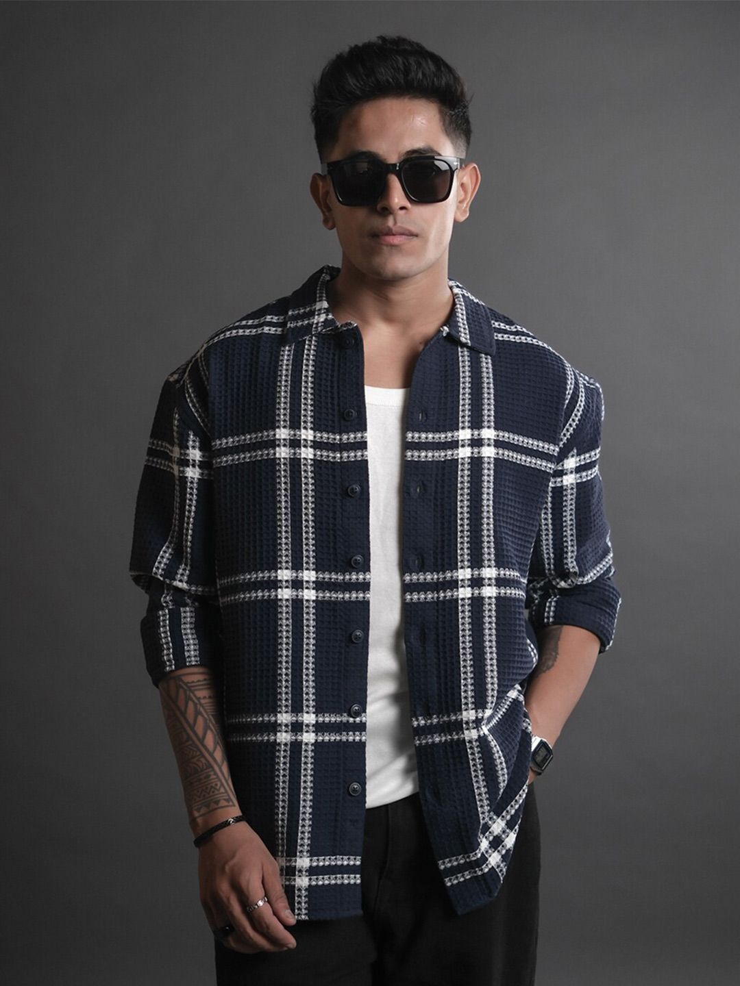 Powerlook Blue India Slim Besar Tartan Memeriksa Baju Kasual