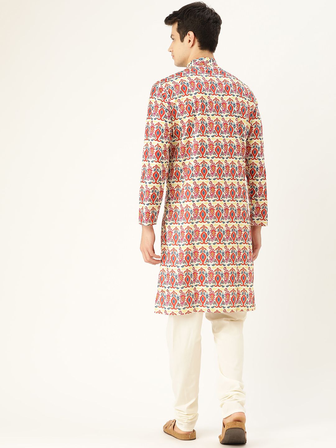 SOJANYA Lelaki Rust & Off-White Motif Etnik Cetak Kurta Lurus