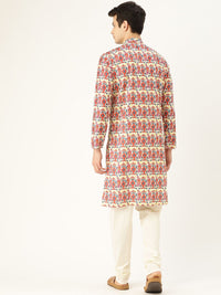 SOJANYA Lelaki Rust & Off-White Motif Etnik Cetak Kurta Lurus