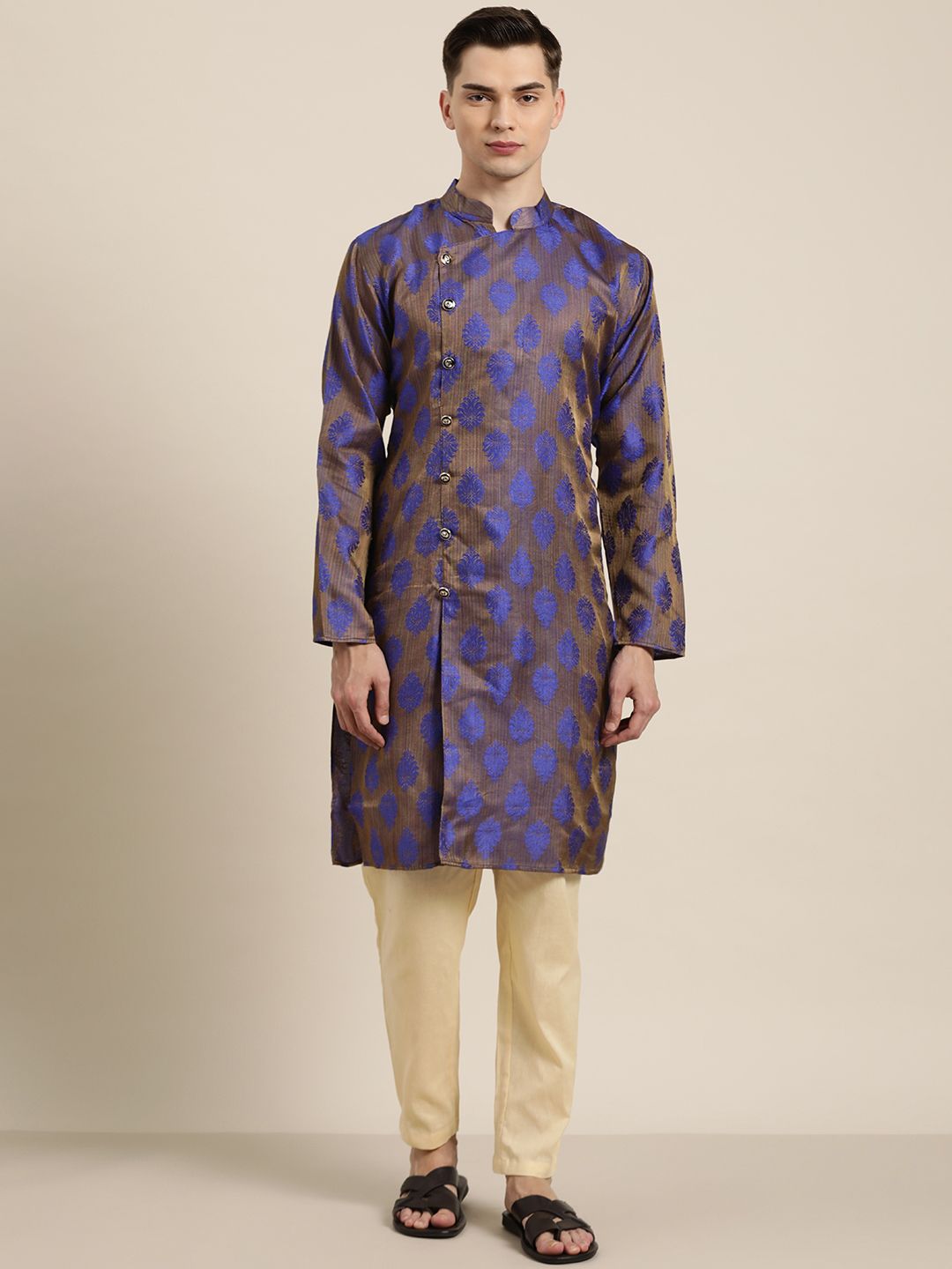 SOJANYA Lelaki Biru & Coklat Motif Etnik Jacquard Kurta