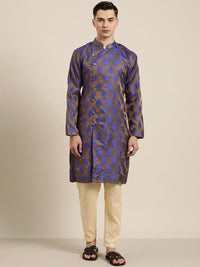 SOJANYA Lelaki Biru & Coklat Motif Etnik Jacquard Kurta