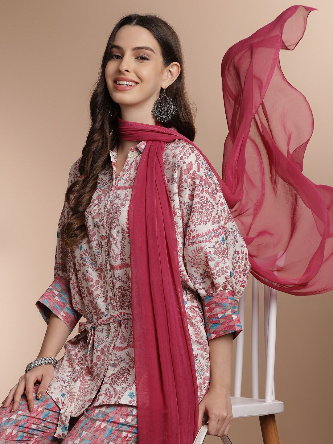 Anouk Floral Printed Top & Trousers With Dupatta