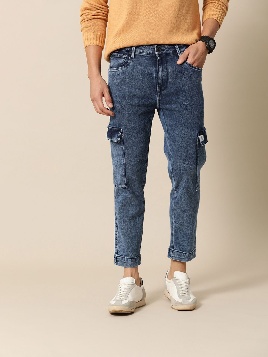 Mr Bowerbird Men Tapered Fit Heavy Fade Stretchable Cargo Style Mid-Rise Jeans