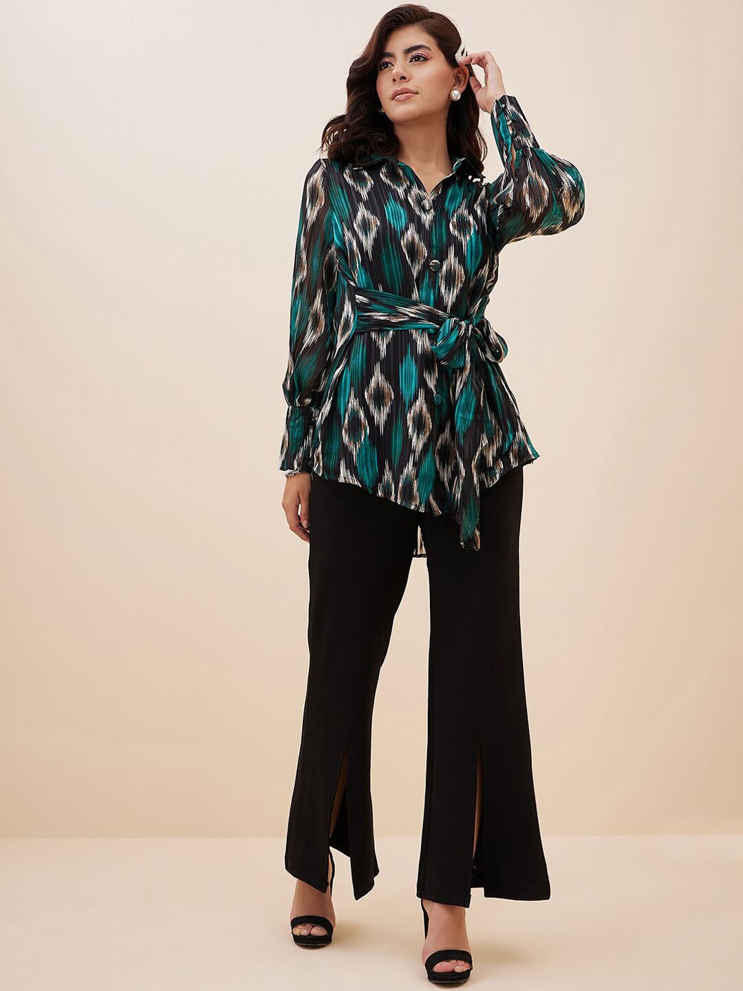 Antheaa Black & Teal Green Printed Front Tie-Up Shirt With Trousers