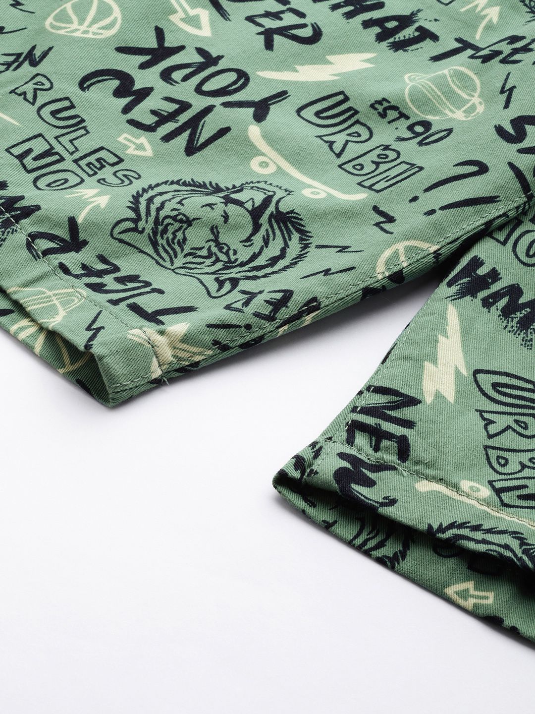 The Indian Garage Co Men Olive Green Printed Slim Fit Denim Shorts