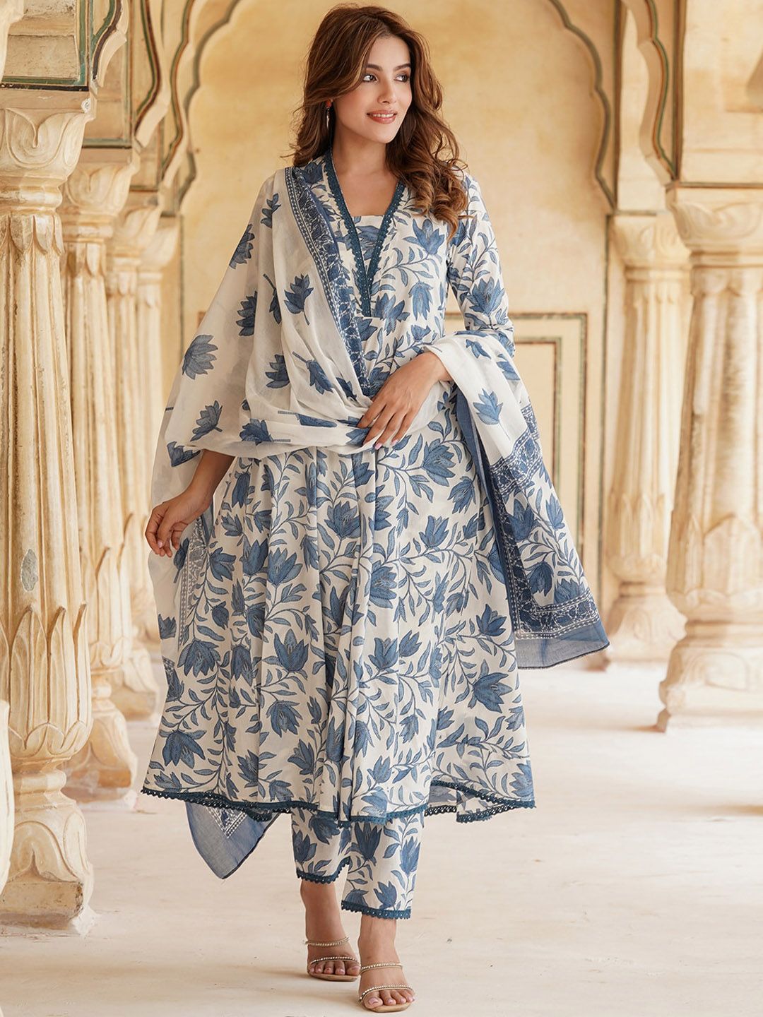 KALINI Floral Printed Square Neck Pure Cotton Anarkali Kurta with Trousers & Dupatta