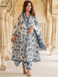 Kalini Floral Printed Square Neck Cotton Pure Anarkali Kurta dengan Seluar & Dupatta