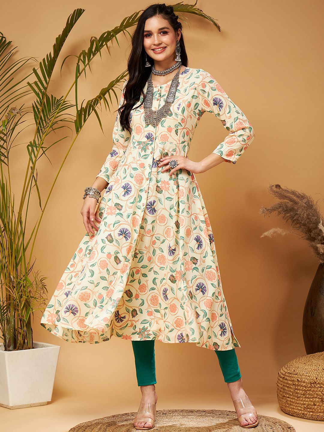Shae by SASSAFRAS Beige Floral Printed  Front Open Anarkali Kurta