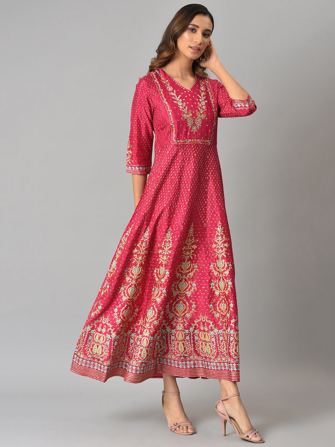 W Women Pink & Blue Ethnic Motifs Printed Maxi Dress