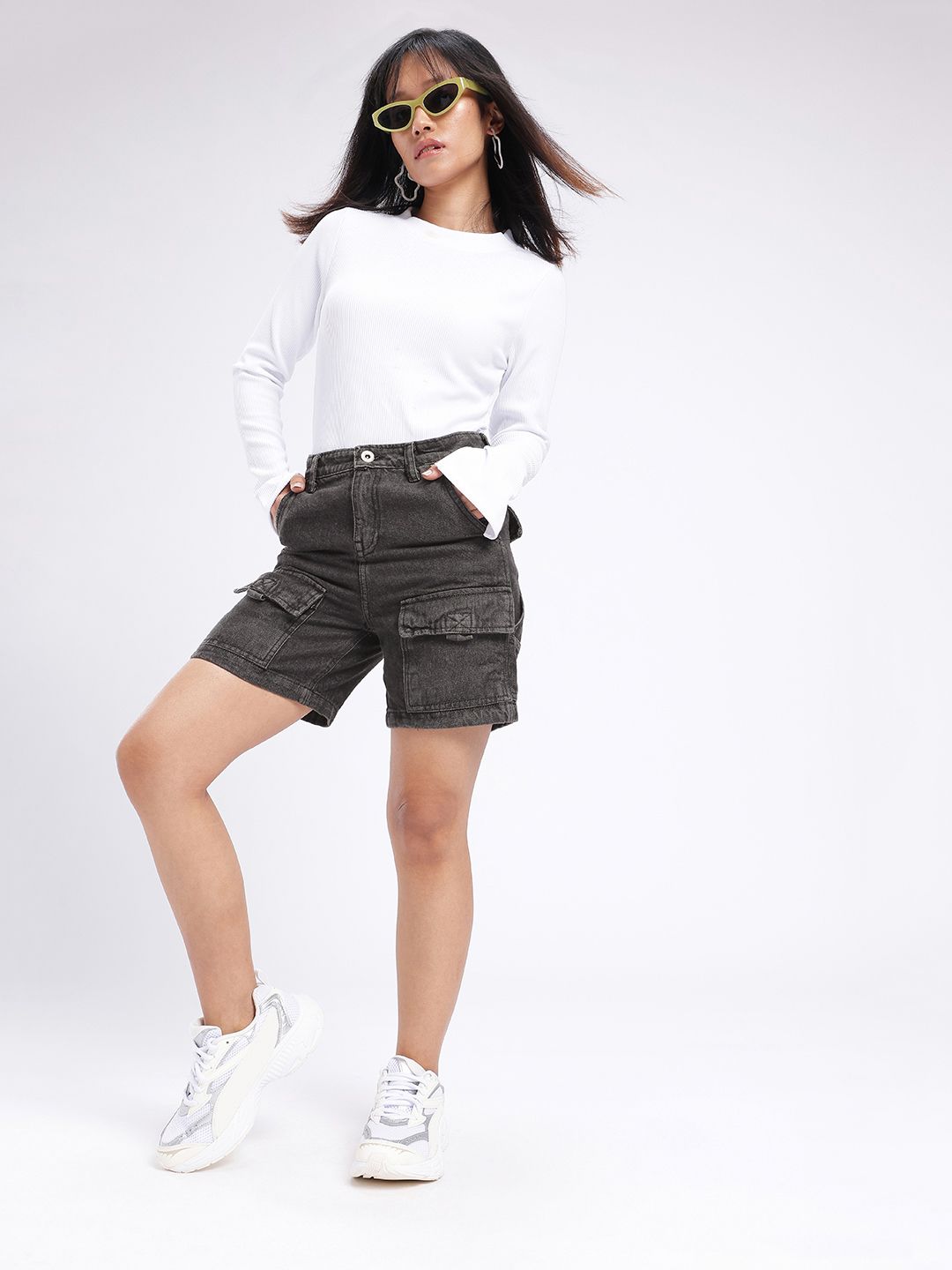 DressBerry Women Urban Vibe High-Rise Denim Cargo Shorts