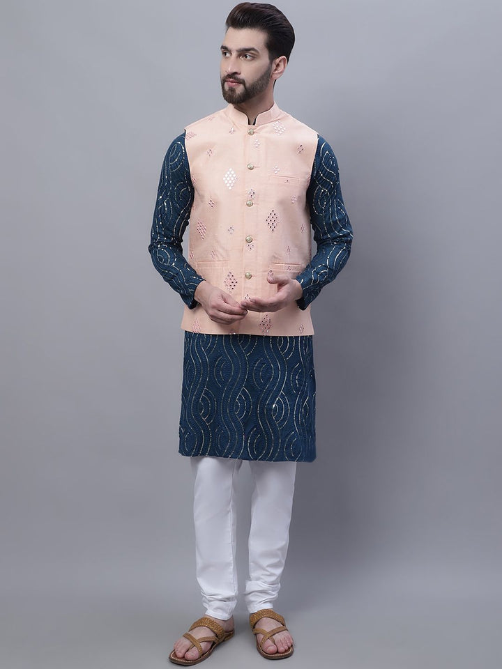 SOJANYA Cermin Bersulam Kerja Kurta Kapas Tulen Dengan Churidar Dengan Jaket Nehru