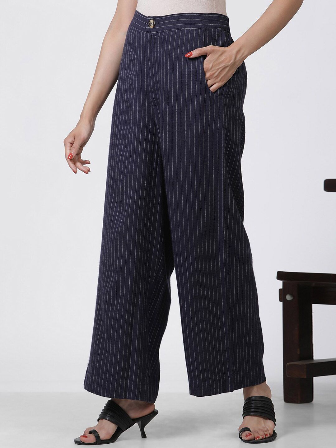W Women Striped High-Rise Straight Fit Parallel Trouser