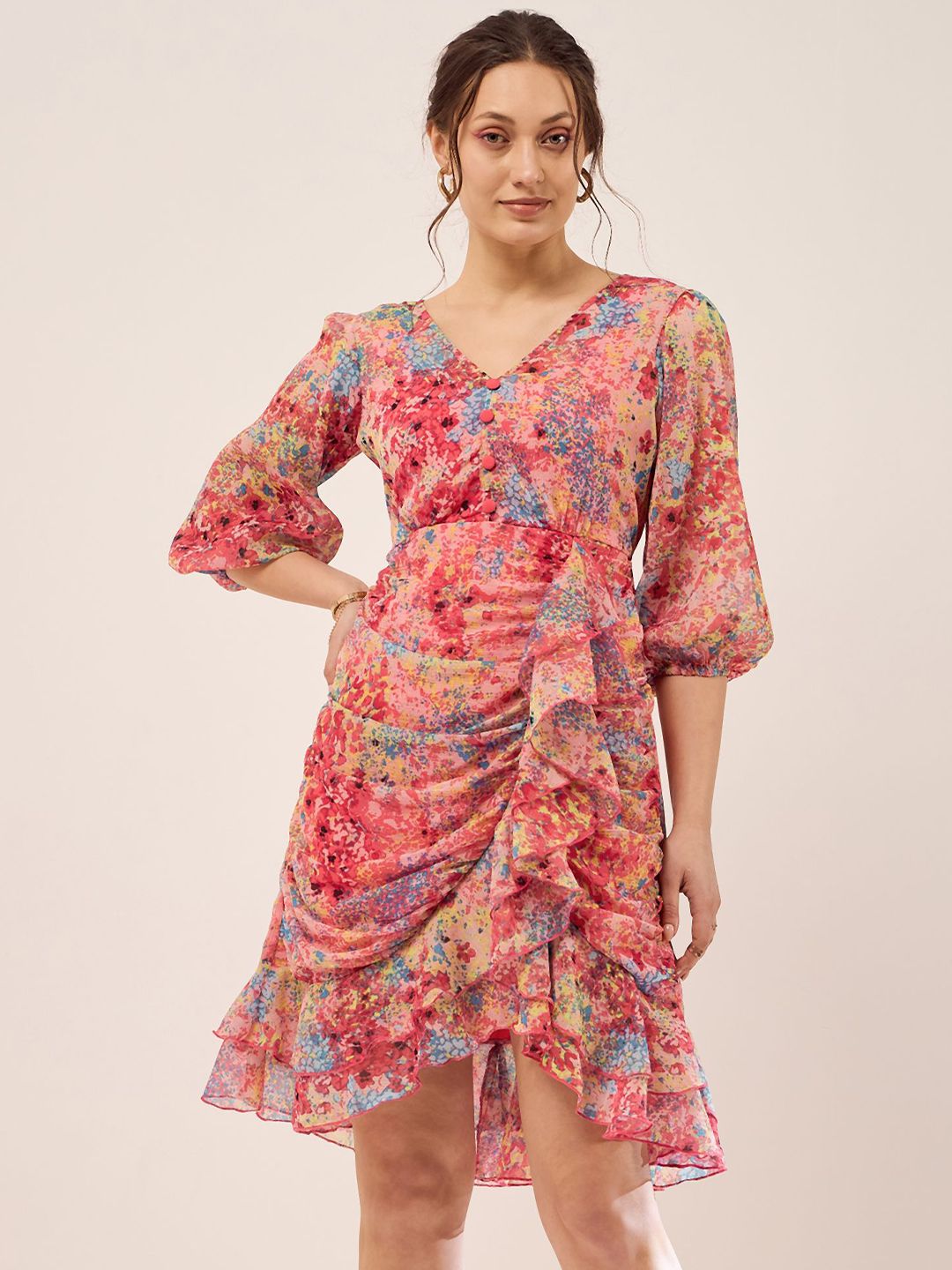 Antheaa Peach Floral Print V-Neck Puff Sleeve Layered Chiffon Wrap Dress