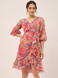 Antheaa Peach Floral Print V-Neck Puff Sleeve Layered Chiffon Wrap Dress