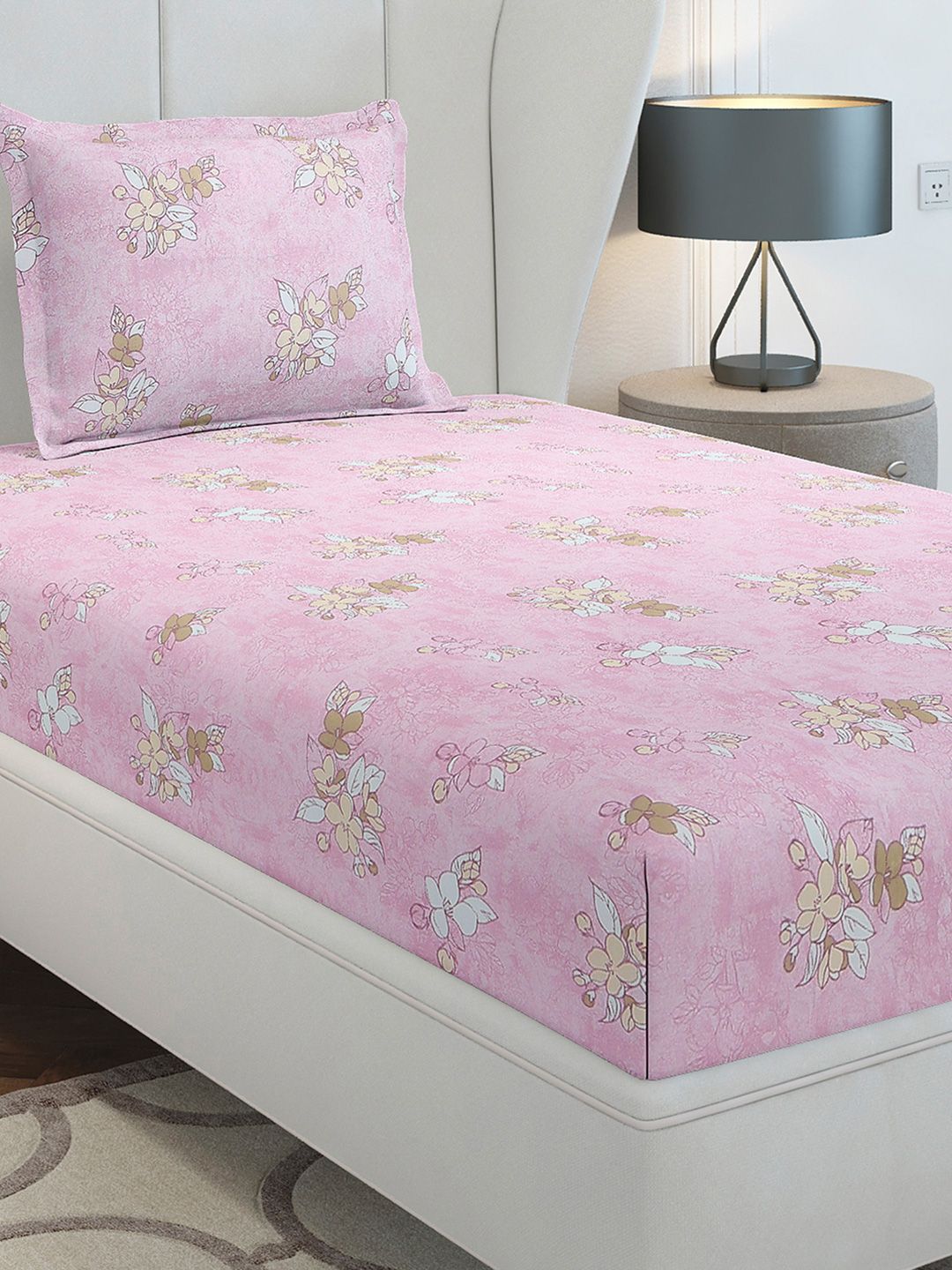 Monte Carlo Pink & White Floral Printed Cotton 104 TC Single Bedsheet Set-2.24 m x 1.52 m