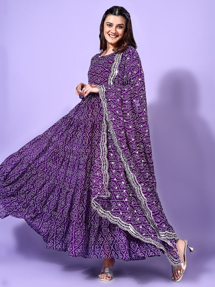 KALINI Bandhani Printed Round Neck Tiered Anarkali Kurta with Pyjama & Dupatta