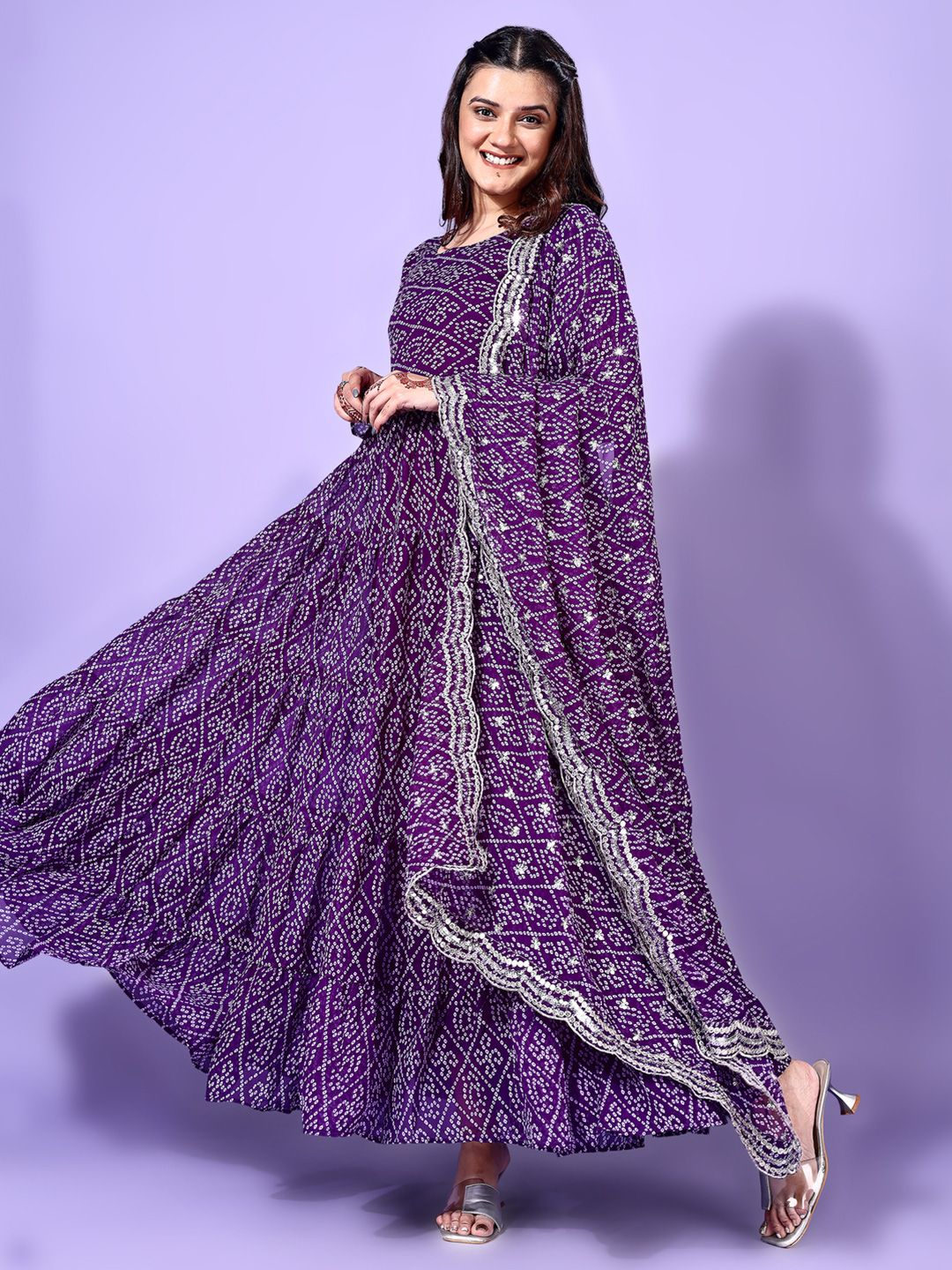 KALINI Bandhani Printed Round Neck Tiered Anarkali Kurta with Pyjama & Dupatta