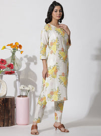 W Floral Printed Regular Thread Work Pure Cotton Kurta with Trousers & Dupatta