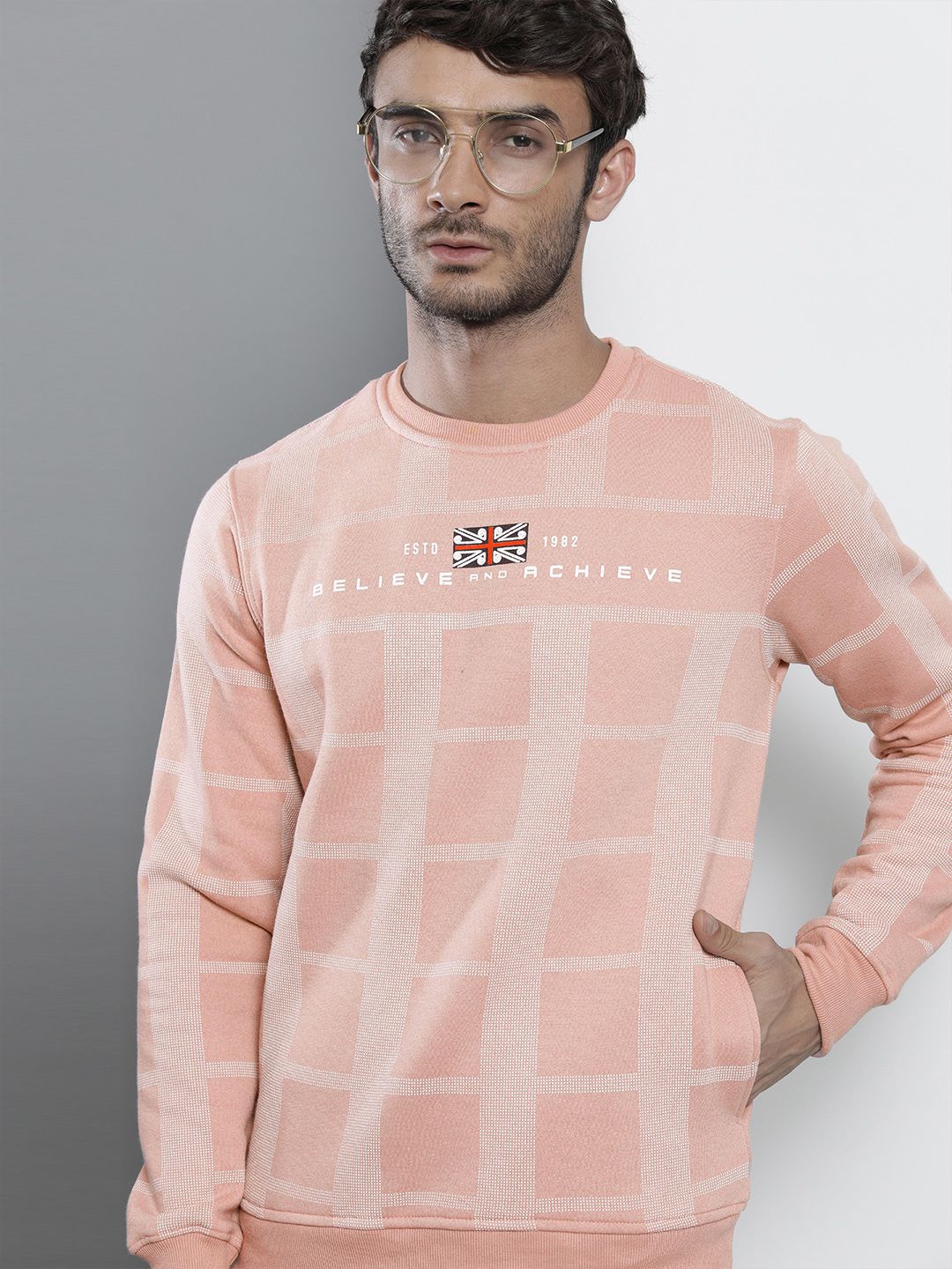 The Indian Garage Co Men Pink Checked Sweatshirt