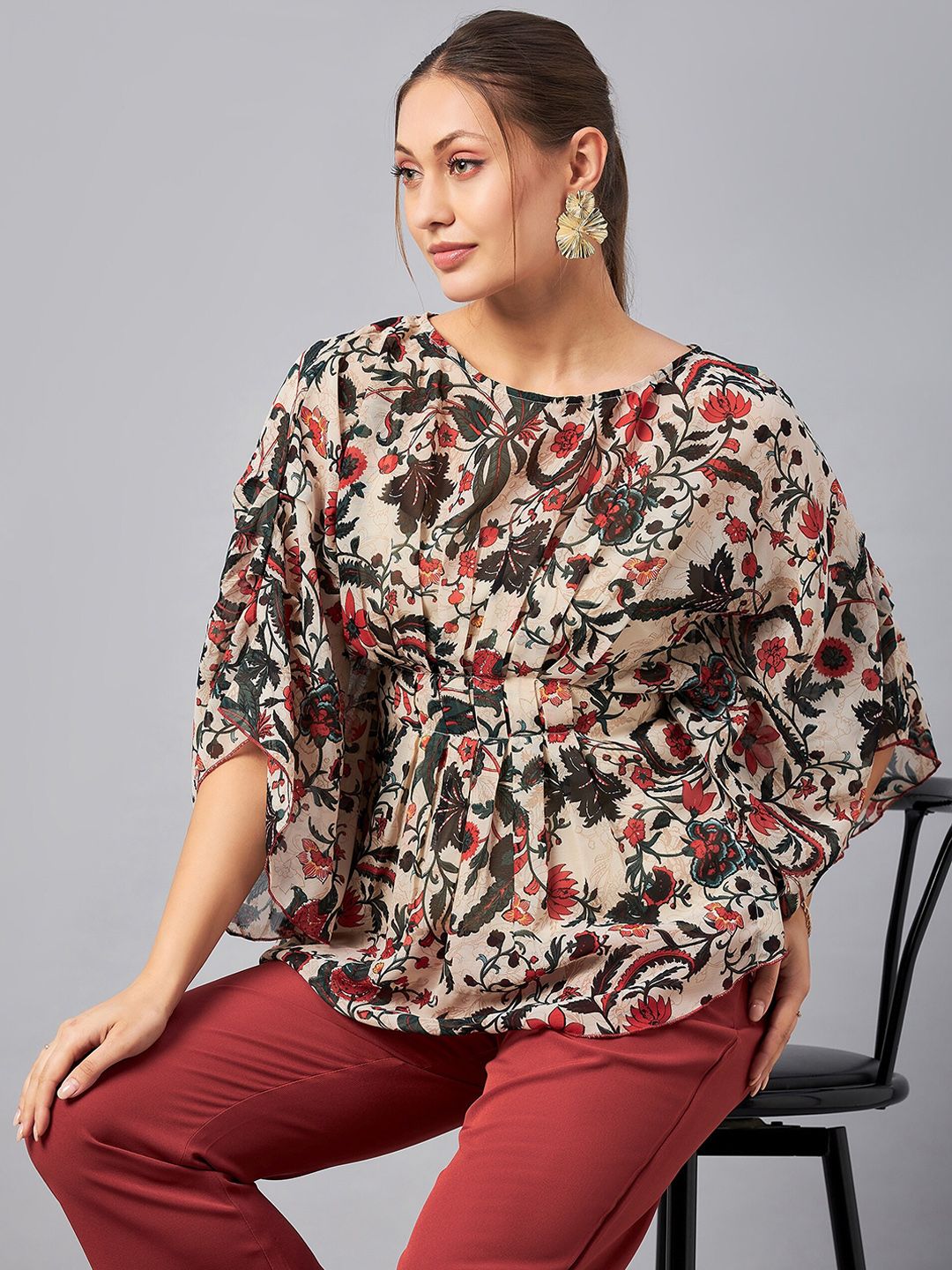 Antheaa Floral Printed Boat Neck Tunic With Trousers