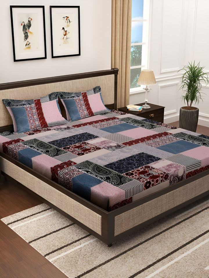 KLOTTHE Blue & Pink Ethnic Motif Printed 300 TC King Bedsheet With 2 Pillow Covers