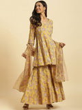 W Floral Printed V-Neck Panelled Gotta Patti A-Line Kurta With Sharara & Dupatta