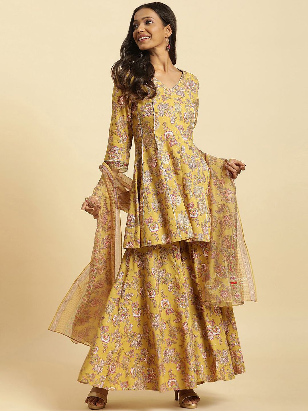 W Floral Printed V-Neck Panelled Gotta Patti A-Line Kurta With Sharara & Dupatta