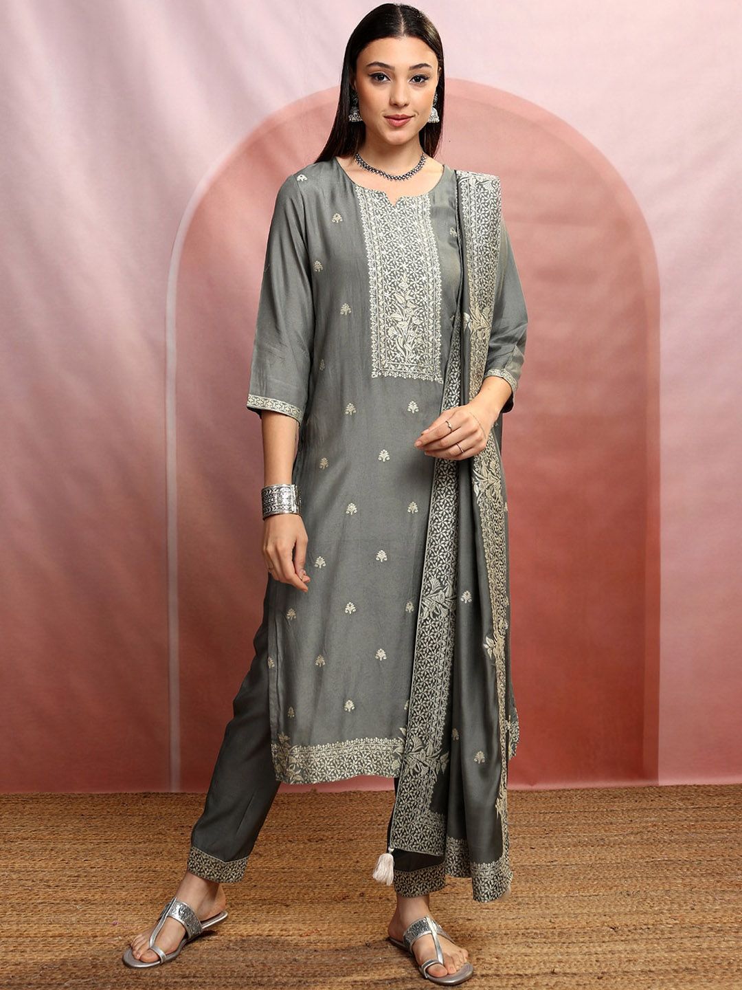 Vishudh Ethnic Motifs Embroidered Straight Pure Cotton Kurta & Trousers With Dupatta