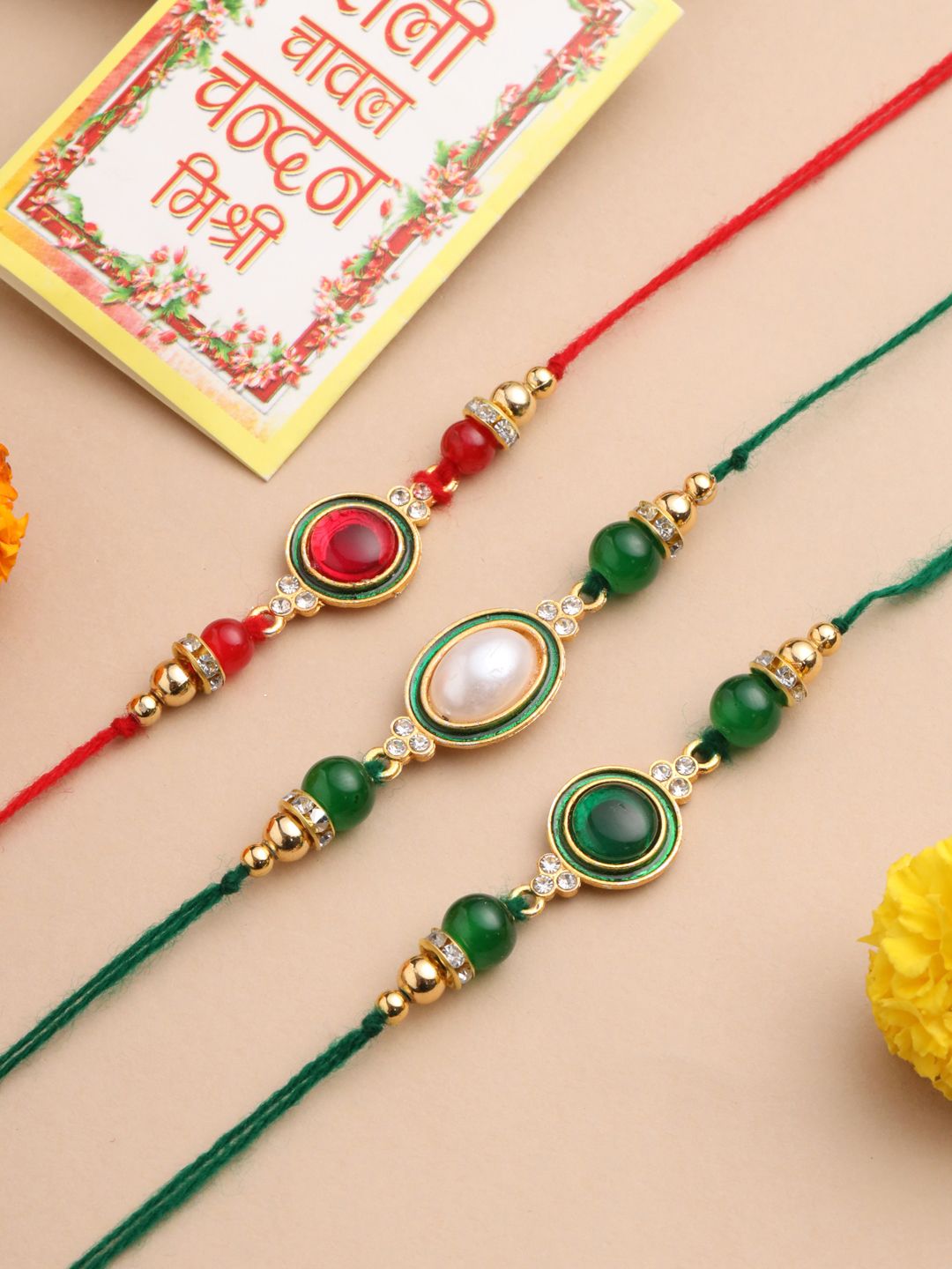 NVR Unisex Set of 3 Artificial Beads & Pearls Thread Rakhi with Roli Chawal Chandan Mishri