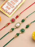 NVR Unisex Set of 3 Artificial Beads & Pearls Thread Rakhi with Roli Chawal Chandan Mishri