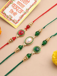 NVR Unisex Set of 3 Artificial Beads & Pearls Thread Rakhi with Roli Chawal Chandan Mishri