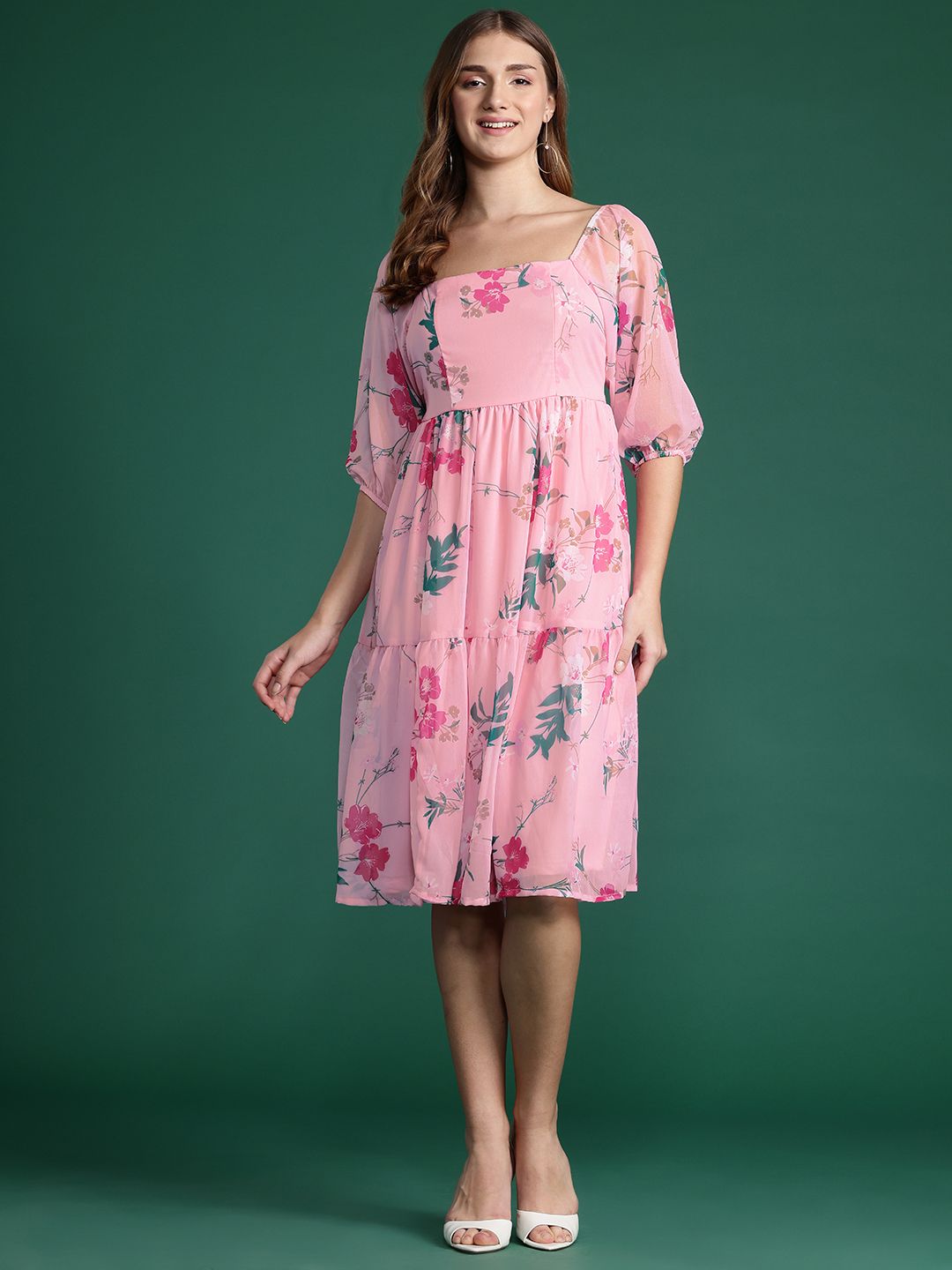 DressBerry Floral Print Puff Sleeve A-Line Dress