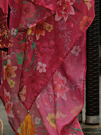 Indo Era Floral Embroidered Panelled Thread Work A-Line Kurta With Trousers & Dupatta