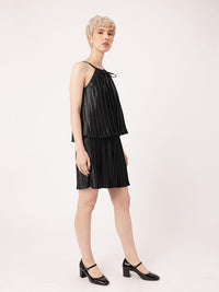 DressBerry Delightful Grace Accordion Pleats Tie-Up Neck Top With Flared Shorts Co-Ords