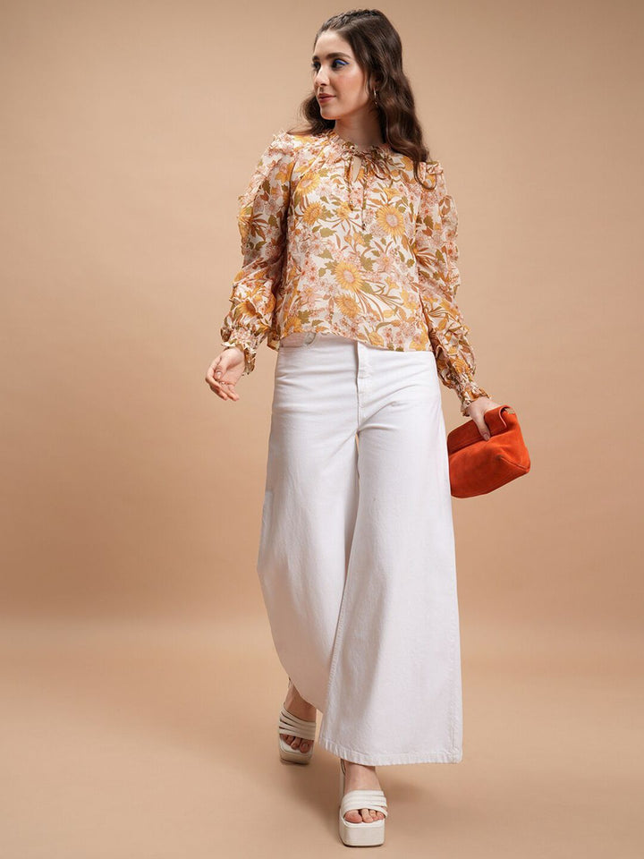 Tokyo Talkies Yellow Floral Print Tie-Up Neck Ruffled Cuffed Sleeves Blouson Top